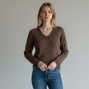 Sweater Y2K Era Brown V-Neck Women’s Cable Knit Fitted 2000s Talbots Pima Cotton